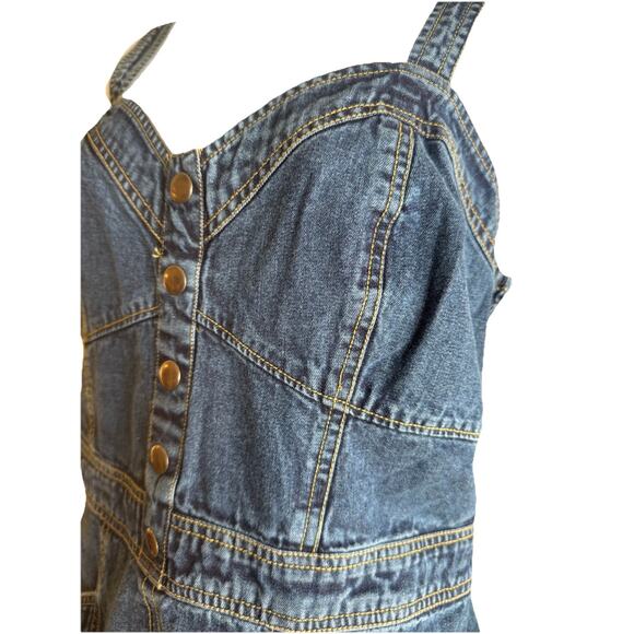 Vtg Y2K Japra Overall Mini Denim Jean Smocked Sundress Strap Dress Large 90s - Picture 3 of 7